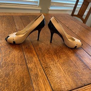 MaxMara patent Black and Tan leather heels.  Peep toe size 37.5.  Warn twice.
